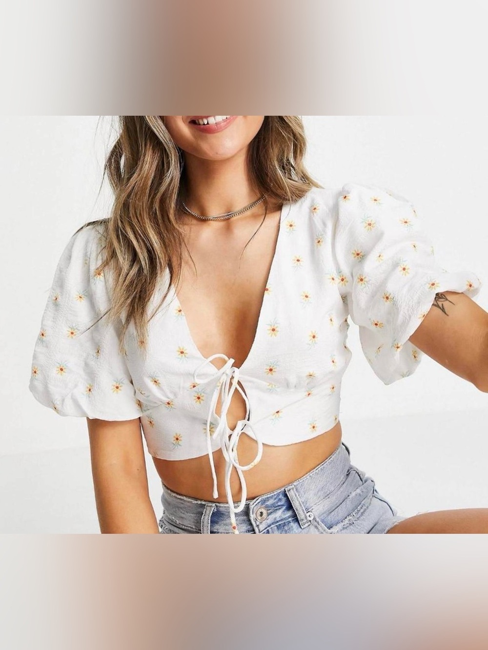 Sisters of the Tribe White Cream Yellow Daisy Tie-Front Puff-Sleeve Crop Top 10